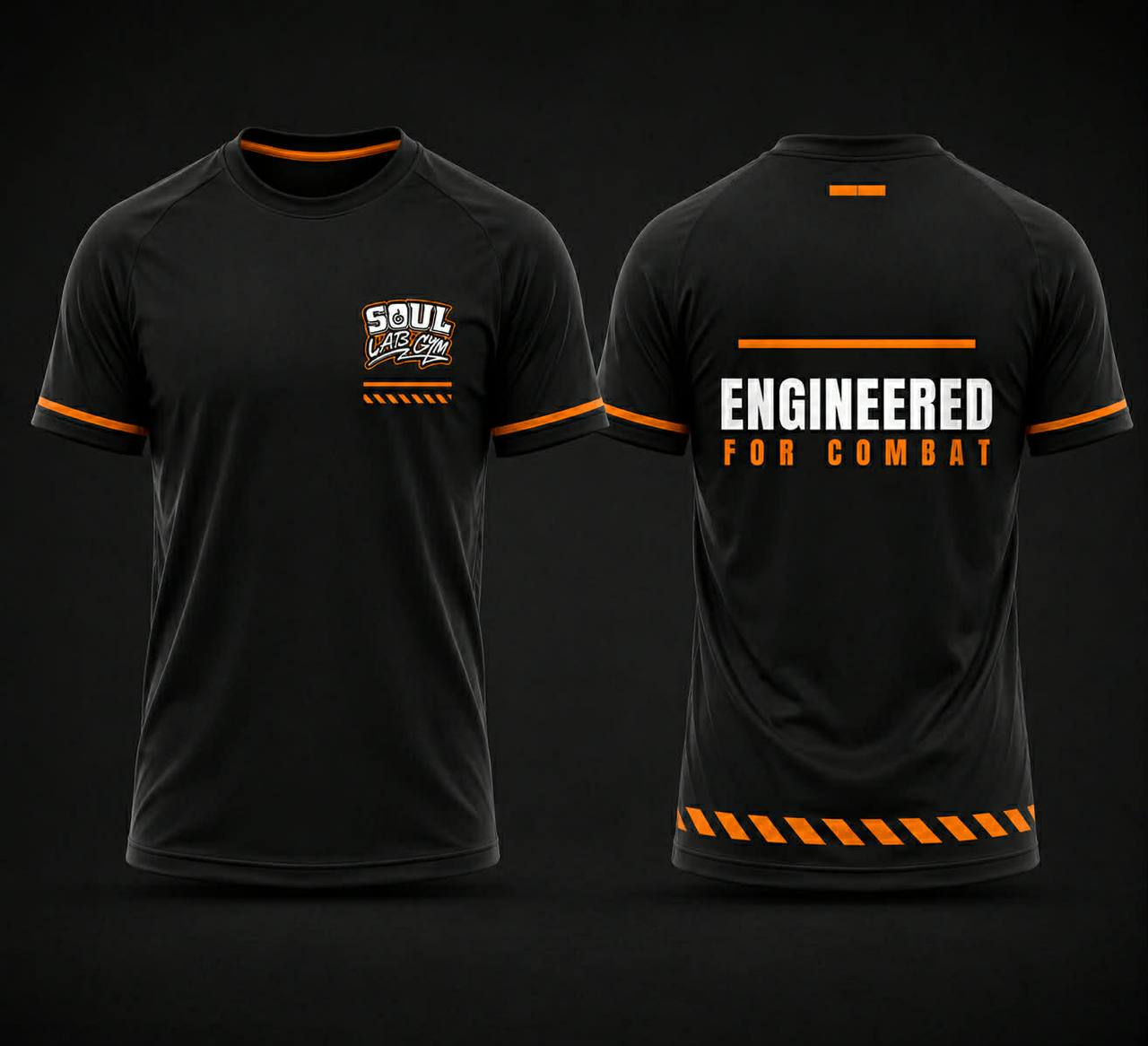 Soul Lab Gym grading t-shirt, black with orange trim, Engineered for Combat on the back
