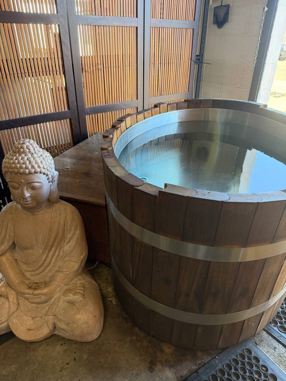 Full view of the large wooden ice bath tub